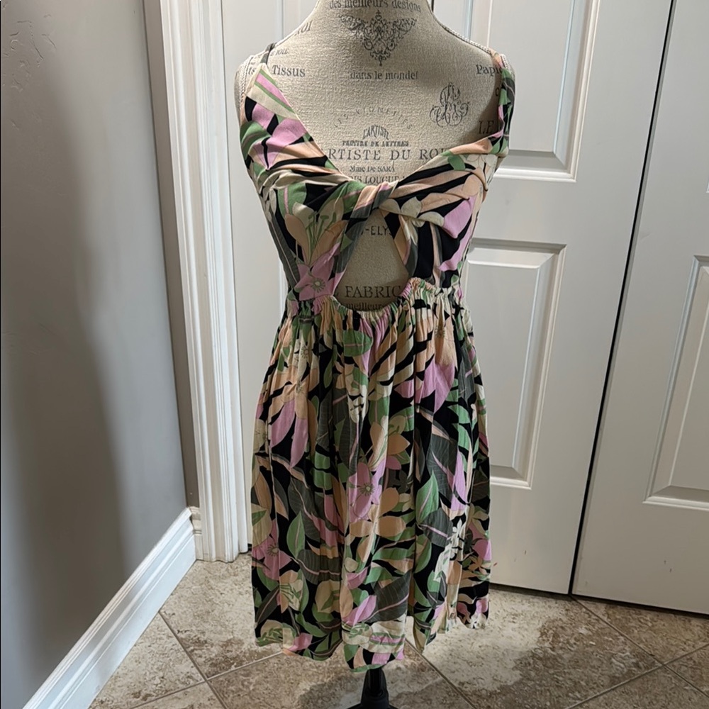 Roxy Leaf Print Mini Dress - Black, Pink, Green